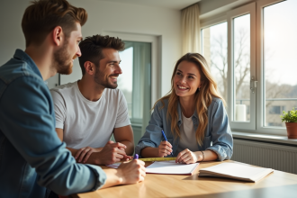 Agent immobilier montrant un appartement lumineux à des jeunes