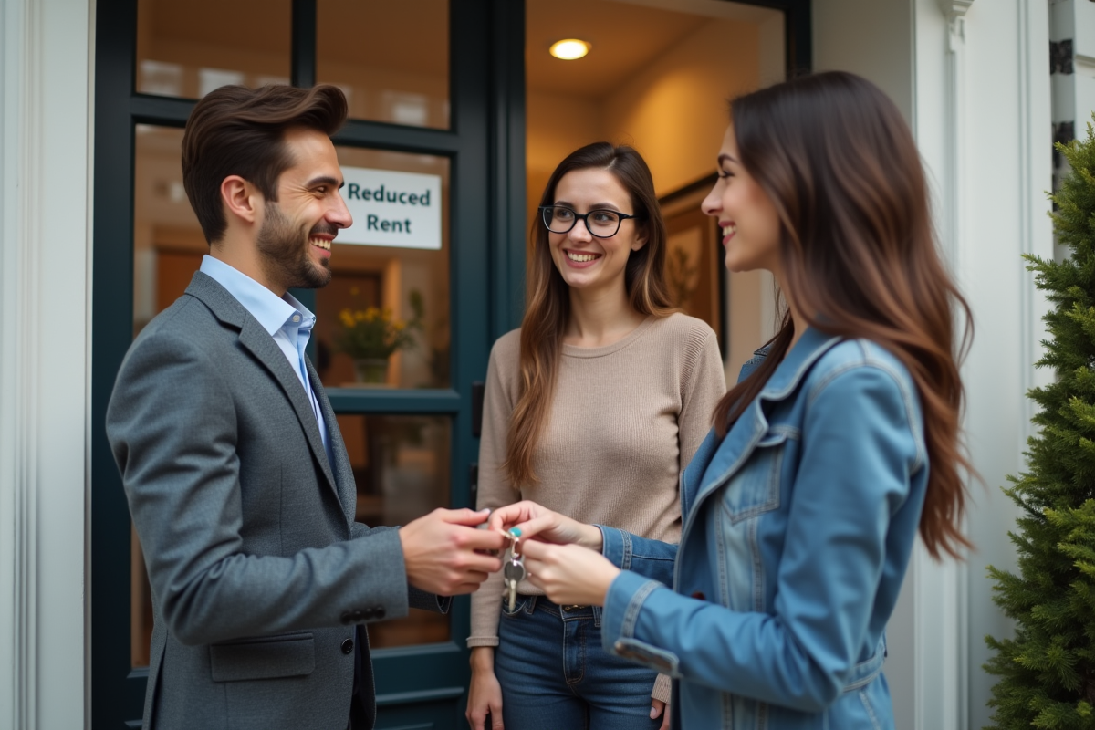 Agent immobilier remettant les clés à un couple souriant