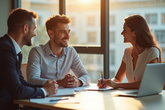 Agent immobilier discutant frais avec un couple dans un bureau lumineux