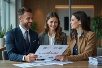 Agent immobilier en costume bleu discutant maison avec couple