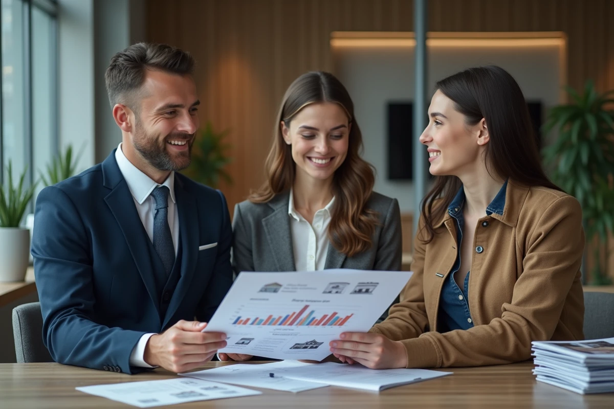 Agent immobilier en costume bleu discutant maison avec couple
