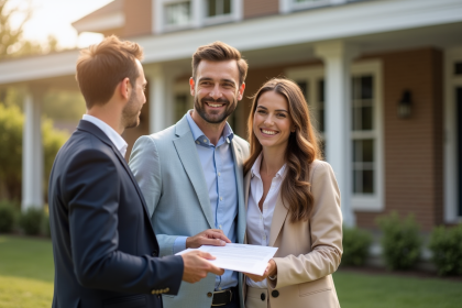 Agent immobilier souriant remettant des documents à un couple devant une maison moderne