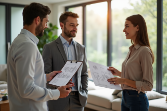 Agent immobilier avec plan et chiffres dans un salon lumineux