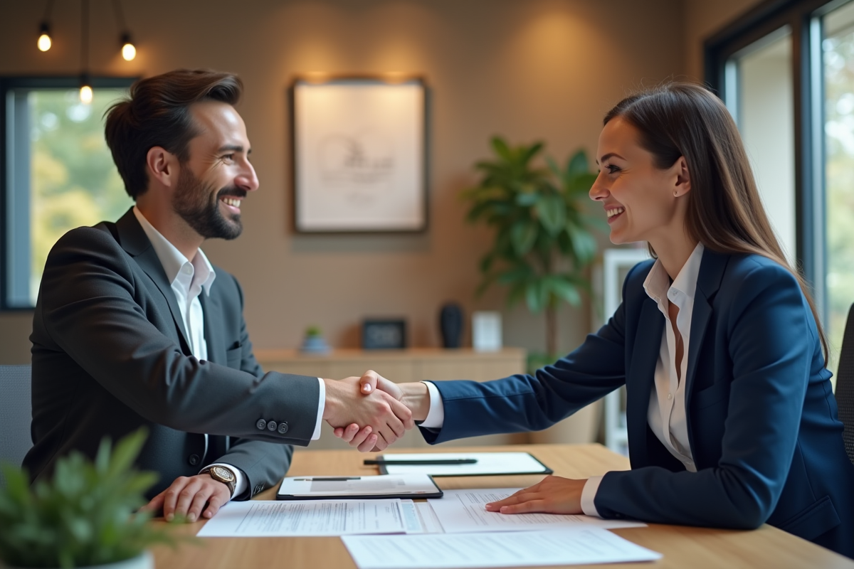 Agent immobilier serre la main à un couple dans un bureau moderne