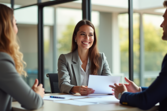Agent immobilier souriant remettant des documents aux nouveaux propriétaires