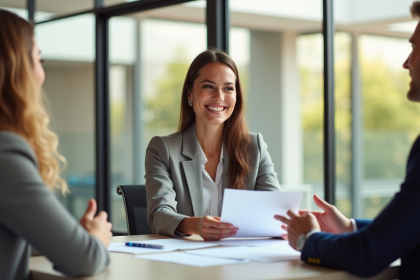 Agent immobilier souriant remettant des documents aux nouveaux propriétaires