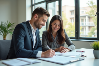 Agent immobilier et couple signant un contrat dans un bureau lumineux