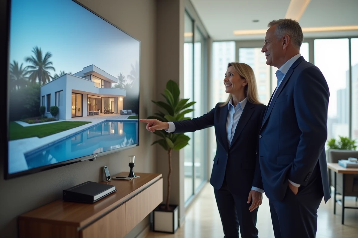 Agent immobilier montrant une visite virtuelle &agrave; un couple