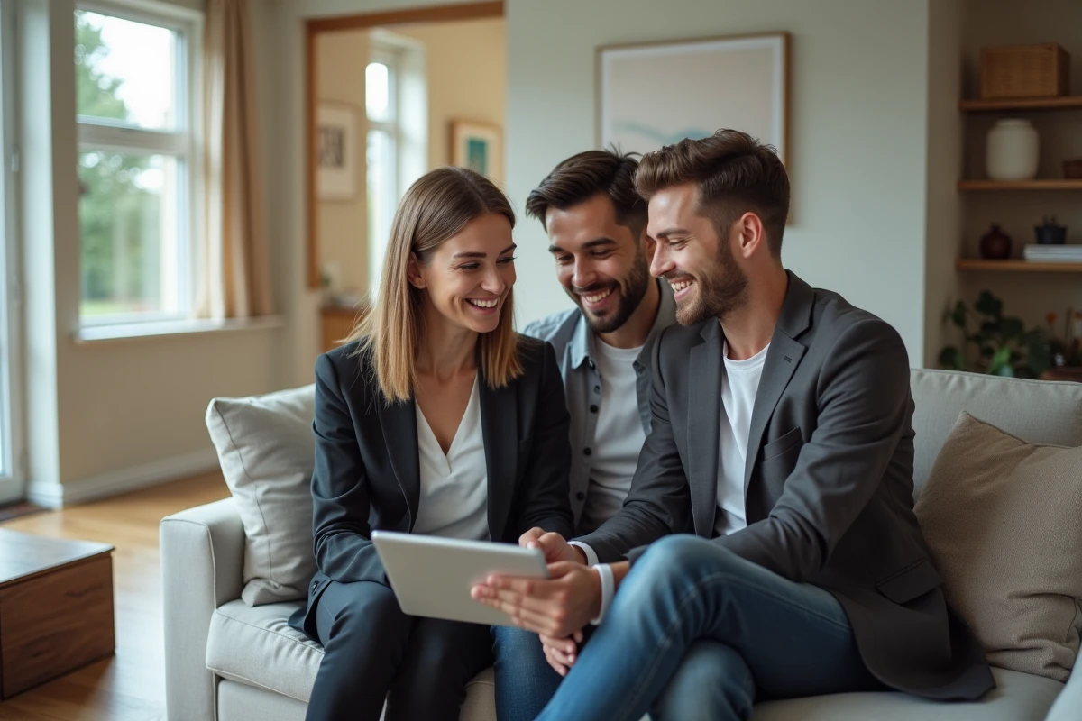 Agent immobilier femme avec couple dans un salon moderne