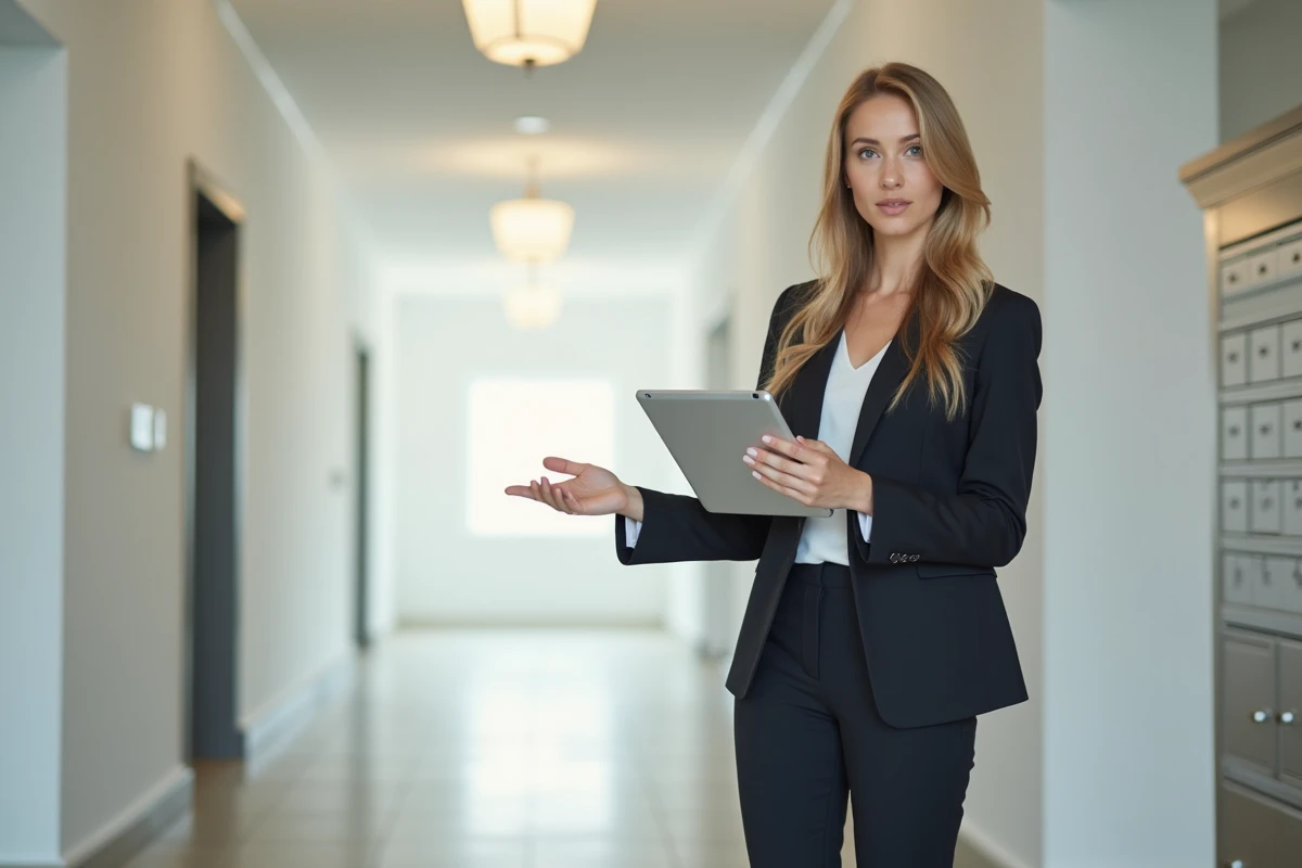Jeune agente immobiliere dans un appartement neuf