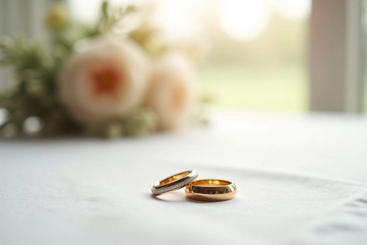 Alliances de mariage sur nappe blanche avec bouquet