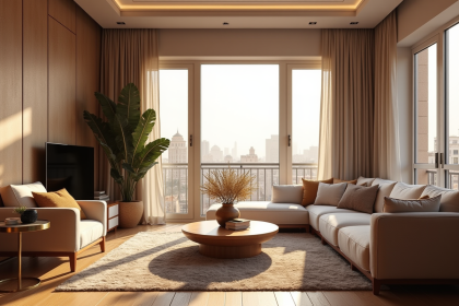 Salon moderne marocain lumineux avec vue urbaine