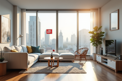 Salon lumineux d un appartement moderne avec vue urbaine