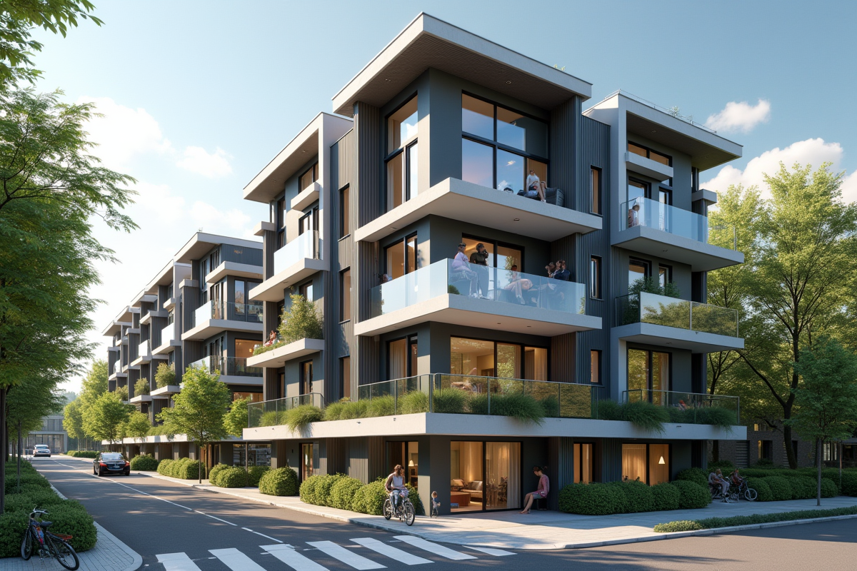 Appartement moderne avec balcons et personnes sur la terrasse