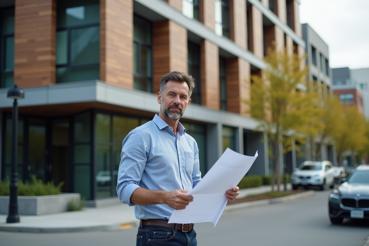 Architecte en extérieur devant une façade urbaine moderne