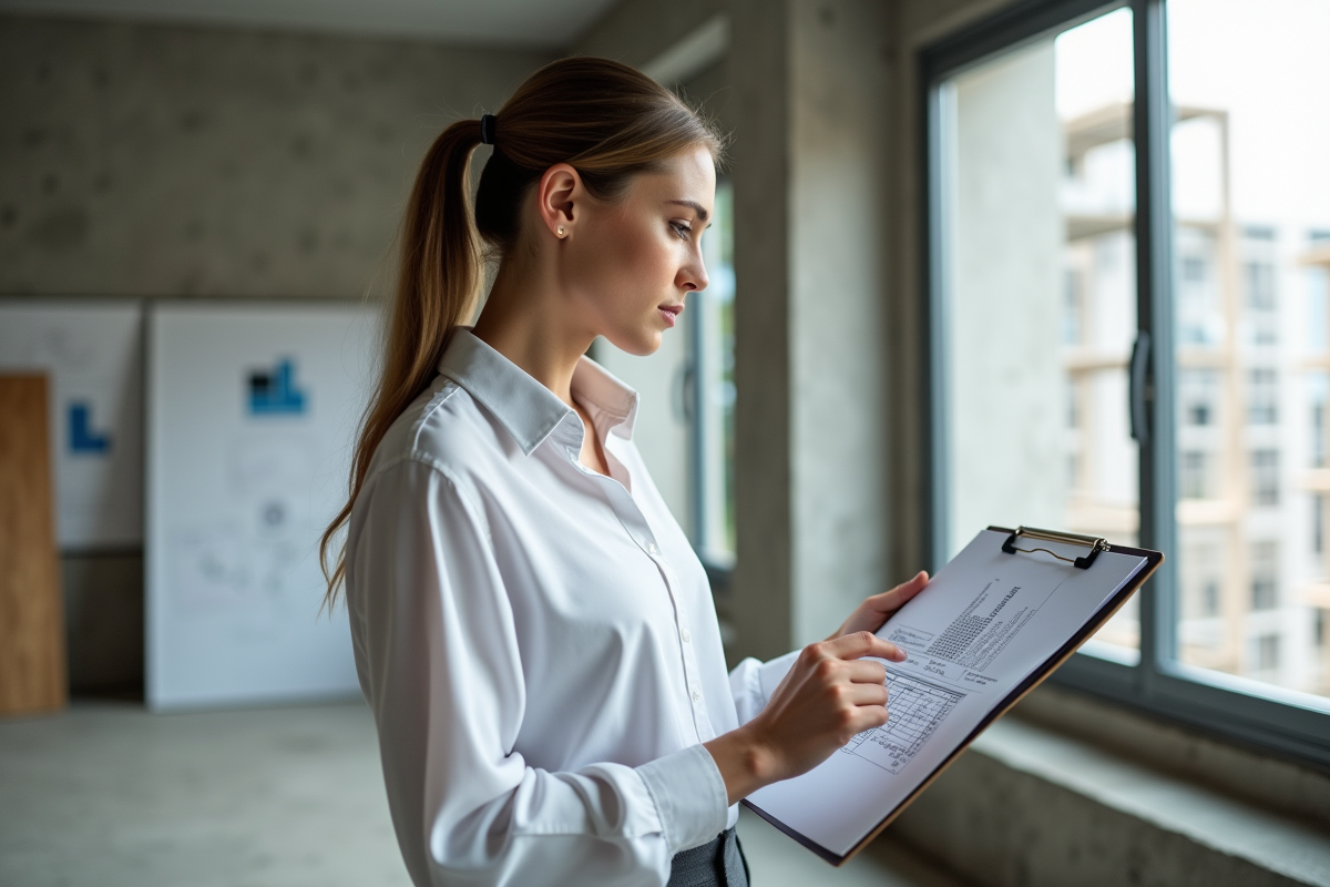 Jeune architecte consultante un plan dans un bureau moderne