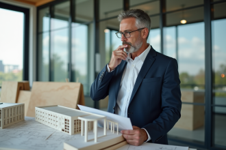 Architecte homme tenant plans et modele de batiment