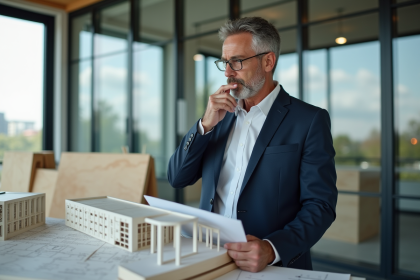 Architecte homme tenant plans et modele de batiment