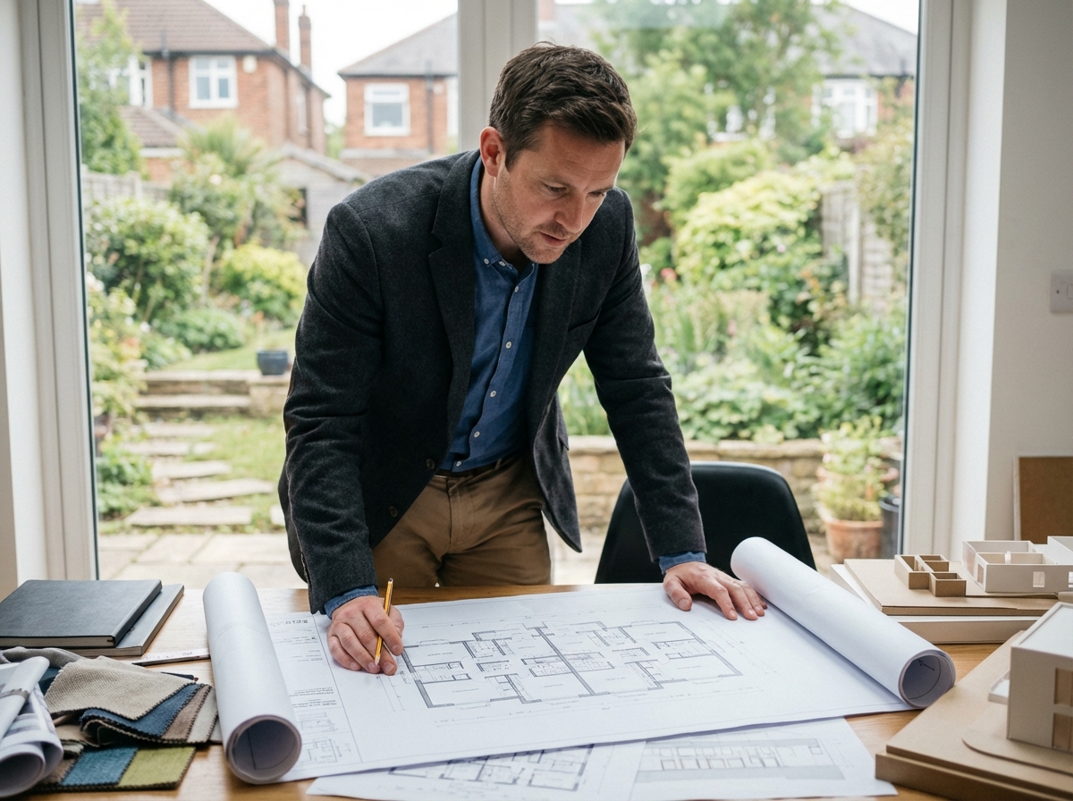 Architecte étudiant un plan de maison dans son bureau lumineux