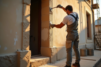 Artisan appliquant un enduit traditionnel sur une façade ancienne en pierre
