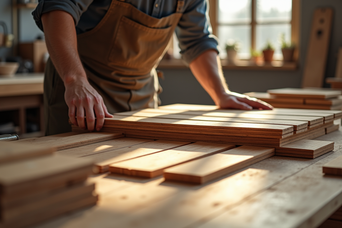 Artisan inspectant des planches de parquet en atelier lumineux