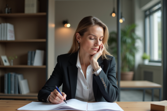 Femme avocate concentrée examinant des documents juridiques