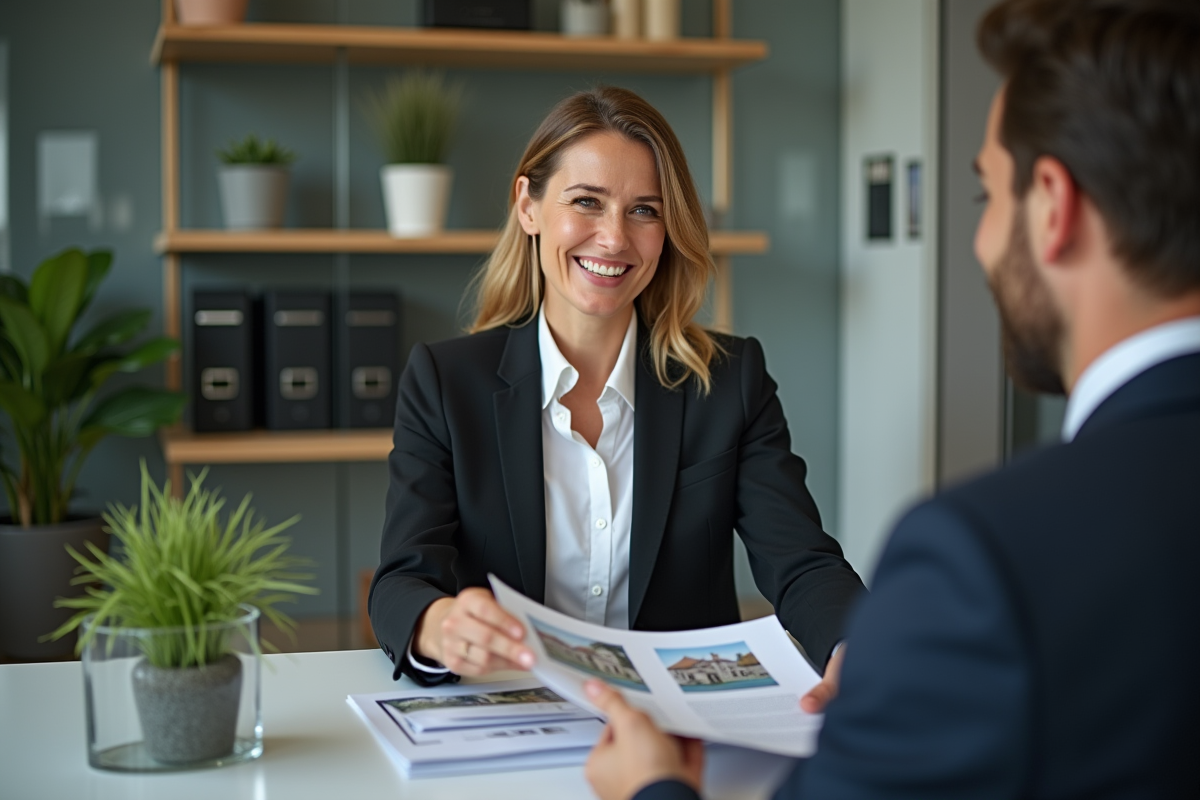 Banquière souriante remet brochures immobilières à un client