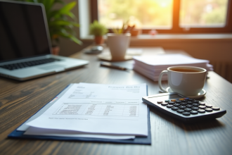 Bureau à domicile bien organisé avec ordinateur et factures