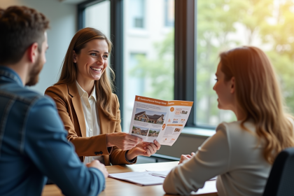 Accueil convivial en mairie avec un agent souriant distribuant des brochures logement