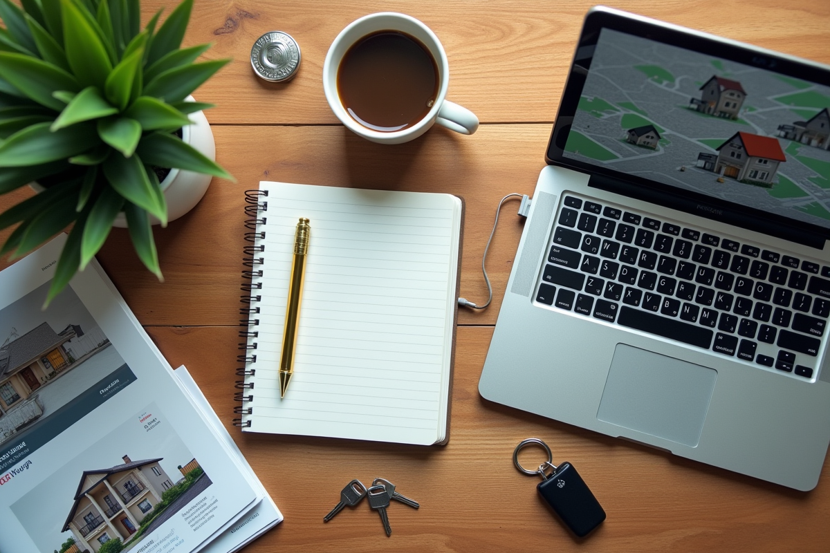 Vue de dessus d un bureau avec ordinateur et brochures immobilières