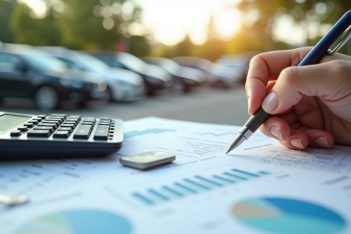 Main tenant une calculatrice et des documents financiers de voiture