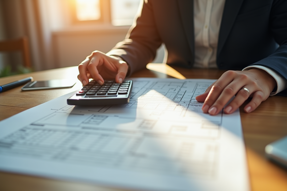 Mains tenant une calculatrice et un plan au bureau lumineux