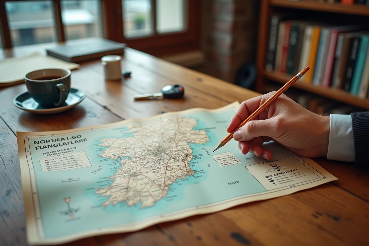 Carte des prix immobiliers sur les c&ocirc;tes normandes pos&eacute;e sur une table en ch&ecirc;ne dans une agence immobili&egrave;re