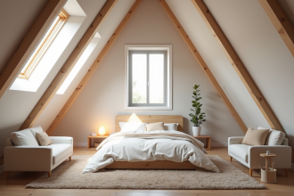 Chambre attenante rénovée lumineuse avec poutres en bois