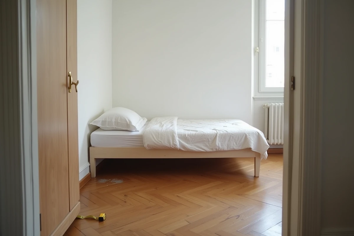 Petite chambre avec lit simple et parquet en bois illustrant les critères de surface minimale réglementaire