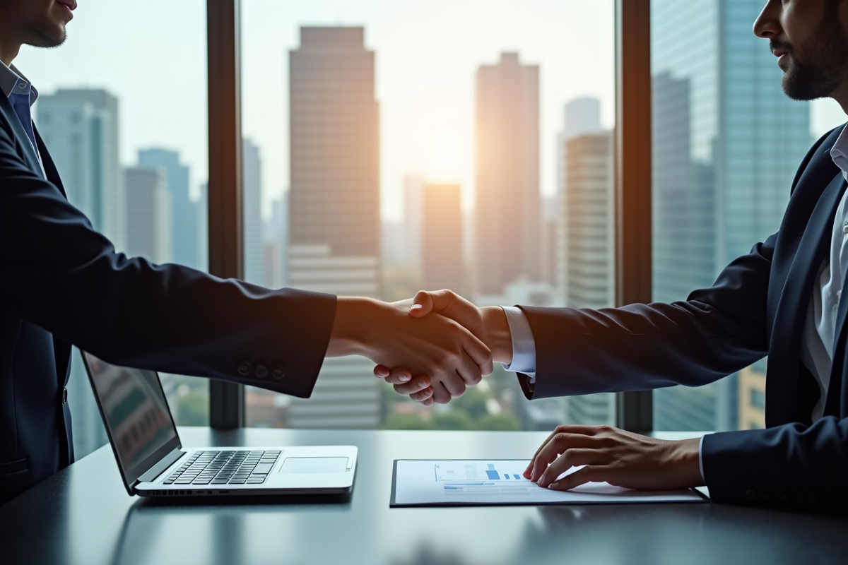 Banque moderne avec conseiller et client signant un contrat immobilier