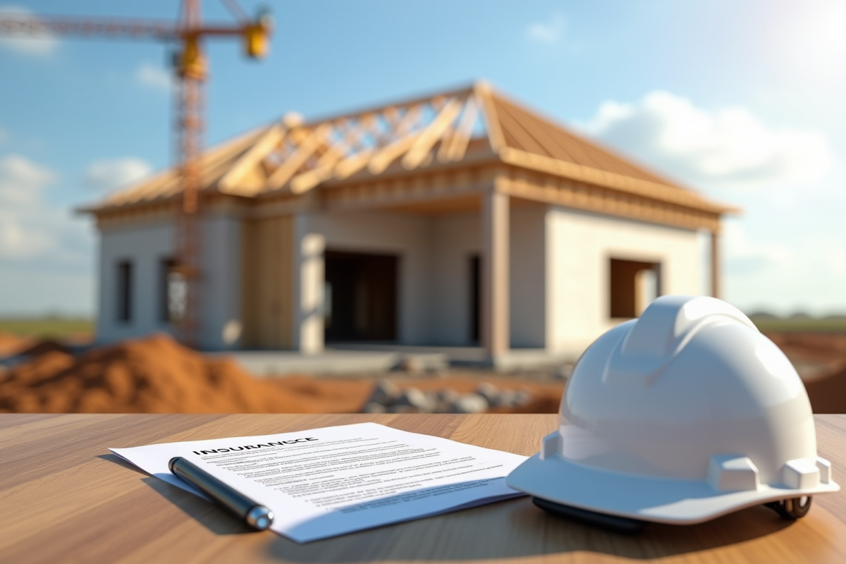 Chantier avec maison partiellement construite et casque de sécurité en premier plan