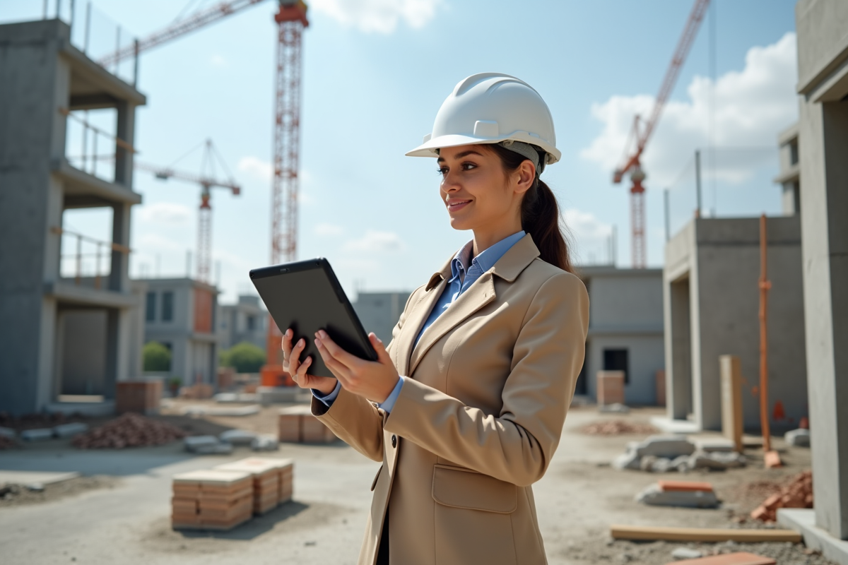 Jeune femme sur site de construction avec tablette
