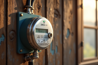 Compteur Linky moderne installé sur mur en bois ancien