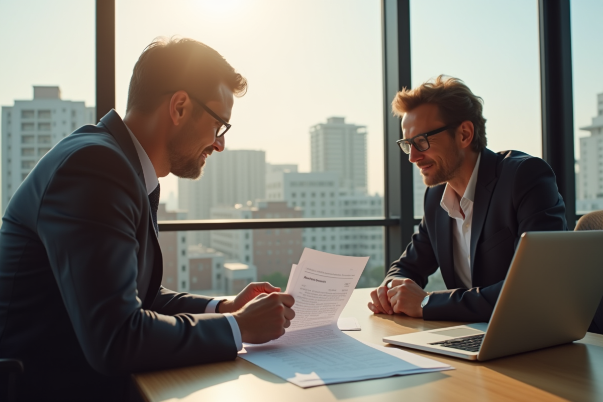 Conseiller financier expliquant des documents de vente immobilière