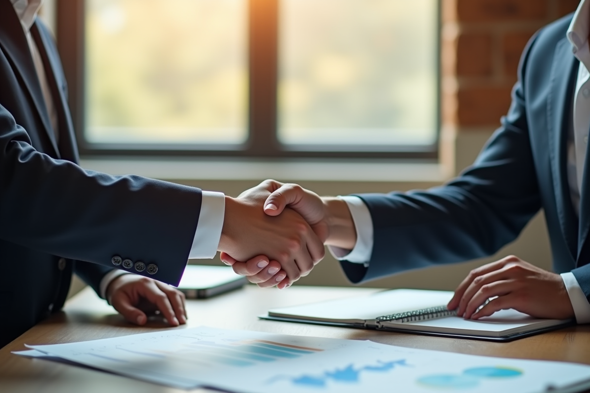 Conseiller financier serrant la main d un client dans un bureau lumineux