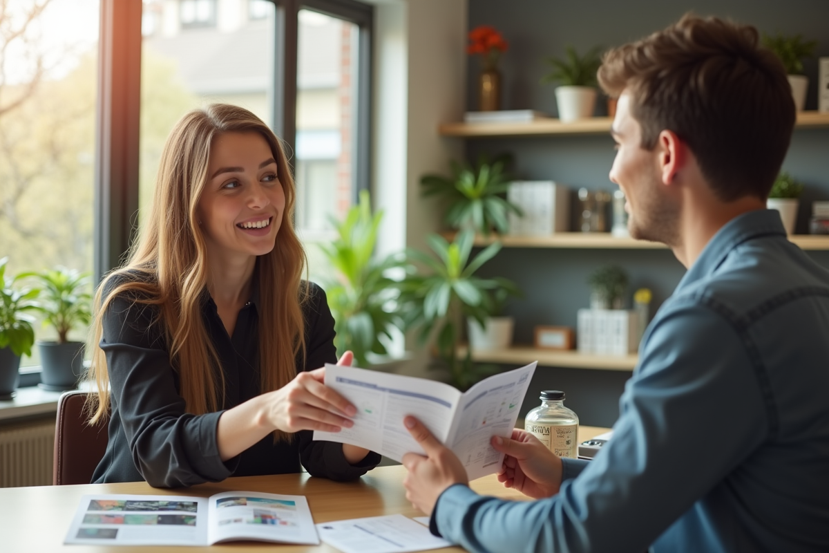 Conseiller accueillant remettant une brochure à un jeune locataire