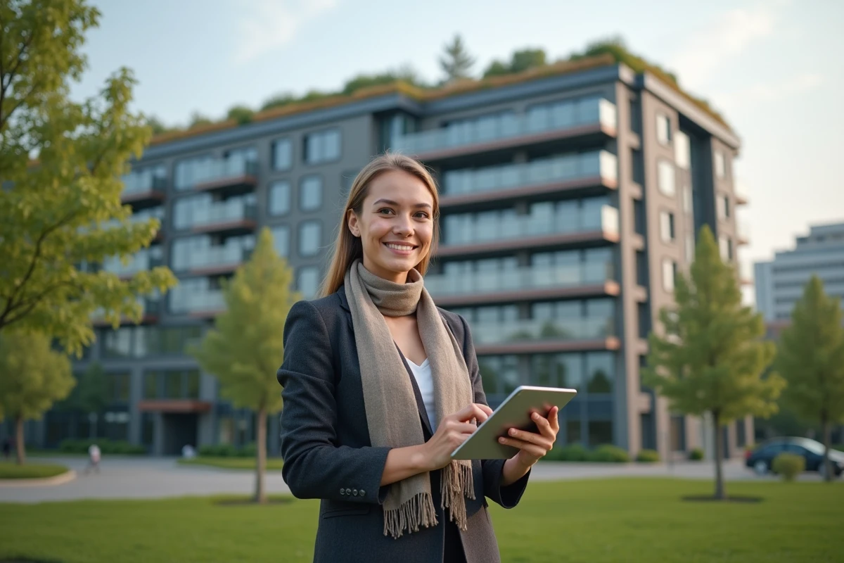 Jeune femme avec tablette devant un bâtiment écologique
