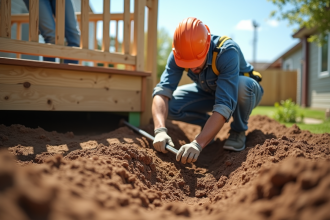 Constructeur mesurant et creusant la fondation d'une terrasse en bois