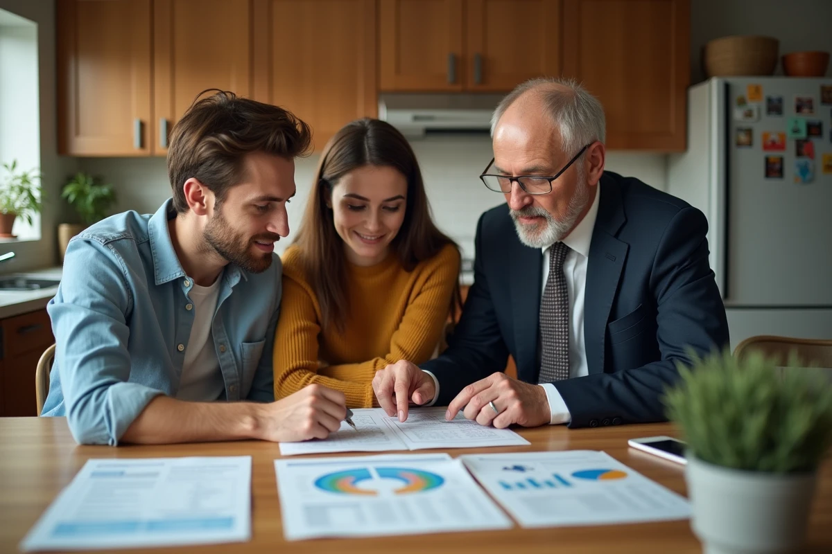 Jeune couple discutant avec agent immobilier à la maison
