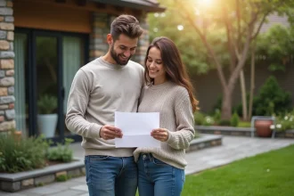 Jeune couple souriant cherchant une maison dans le jardin