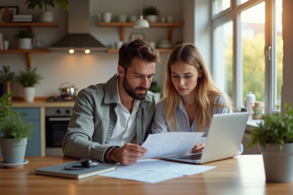 Jeune couple vérifiant documents de location dans un appartement moderne