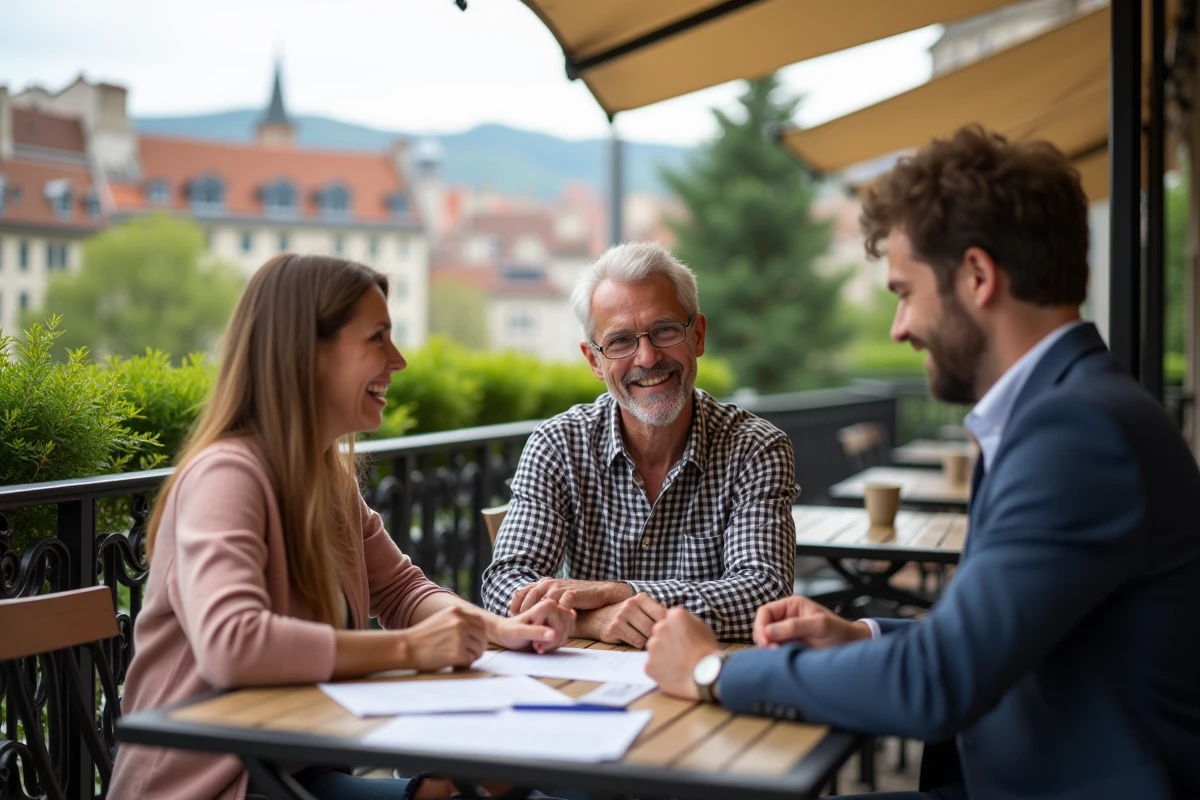 Couple souriant discutant avec agent immobilier en terrasse