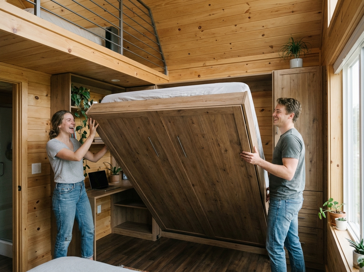 Jeune couple dans une chambre avec lit escamotable et espace de travail