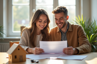 Jeune couple souriant étudiant des documents de prêt immobilier